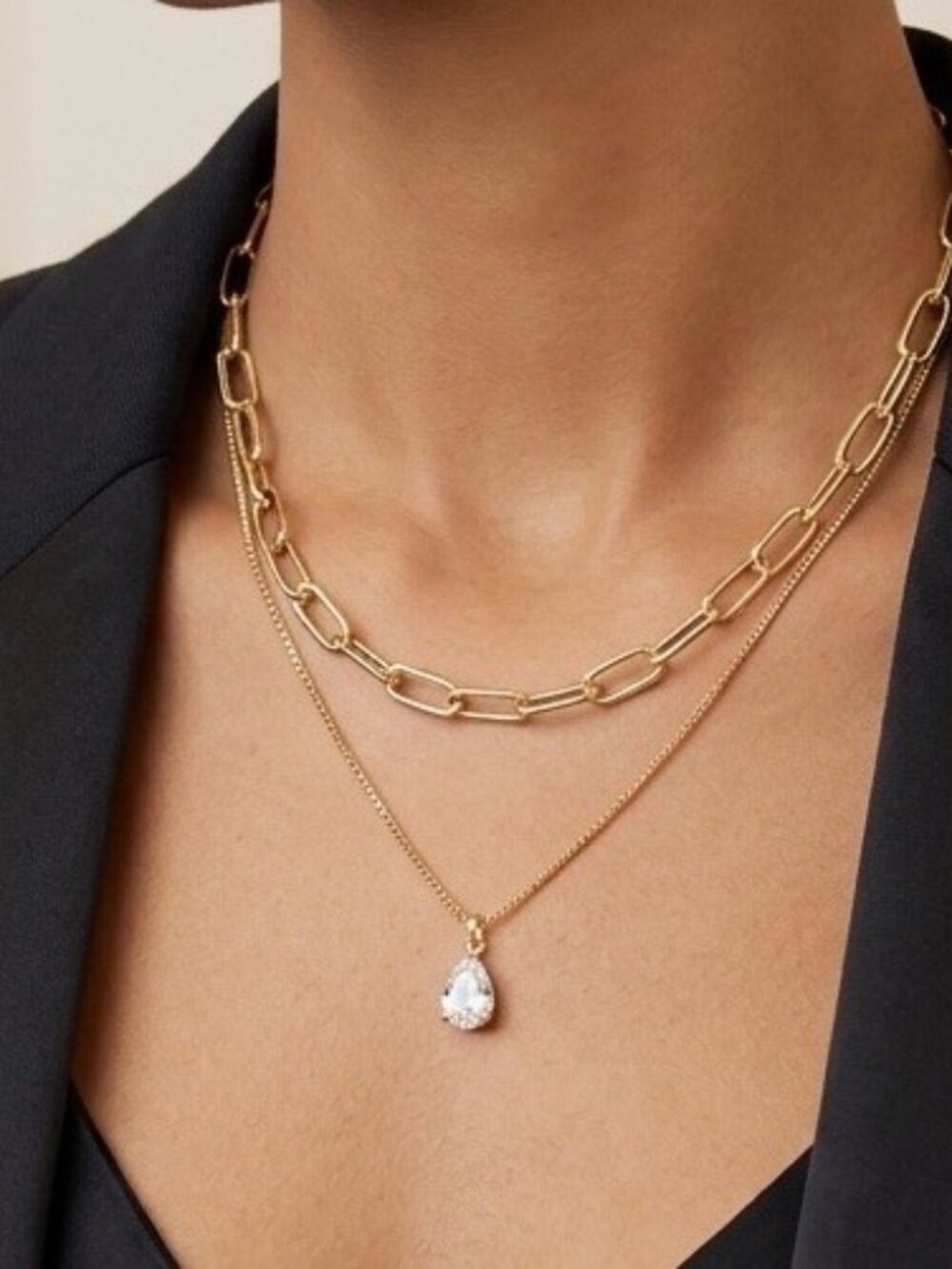 Gold Plated 2pc Layered Tear Drop Paperclip Chain Necklace Set Stainless Steel